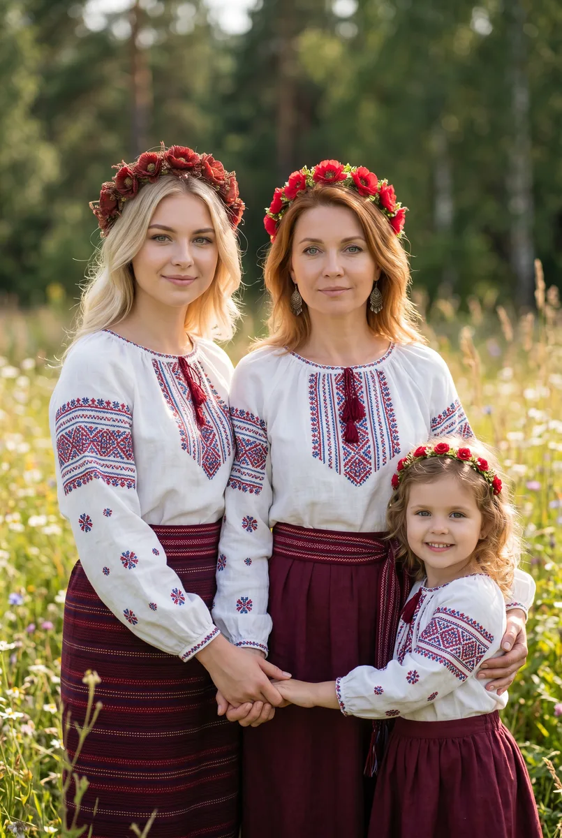 Семейное фото поколений в русских нарядах нейросетью — пример обработки фото нейросетью