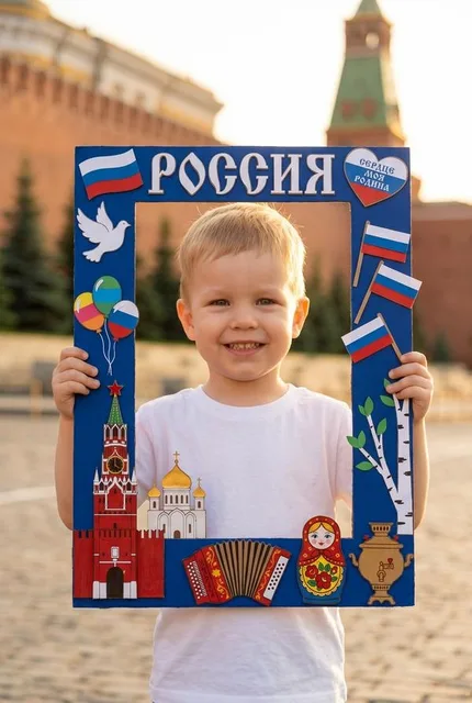 На фоне рамки с видом на Красную площадь