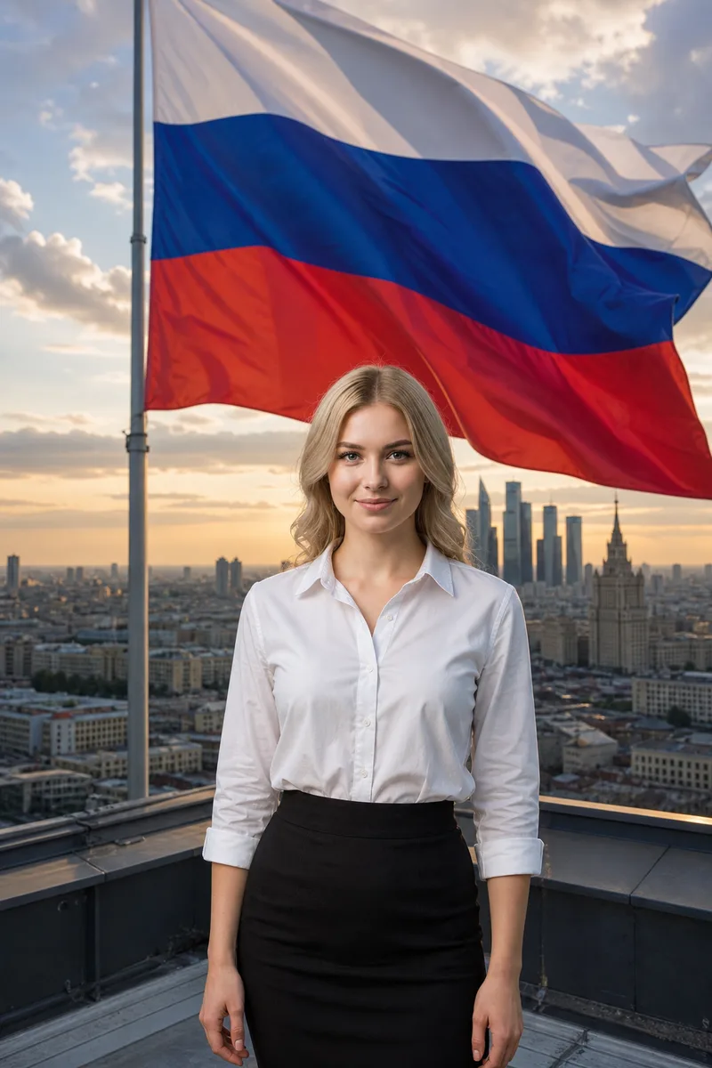 Портрет на крыше на фоне флага России по вашему фото — пример обработки фото нейросетью
