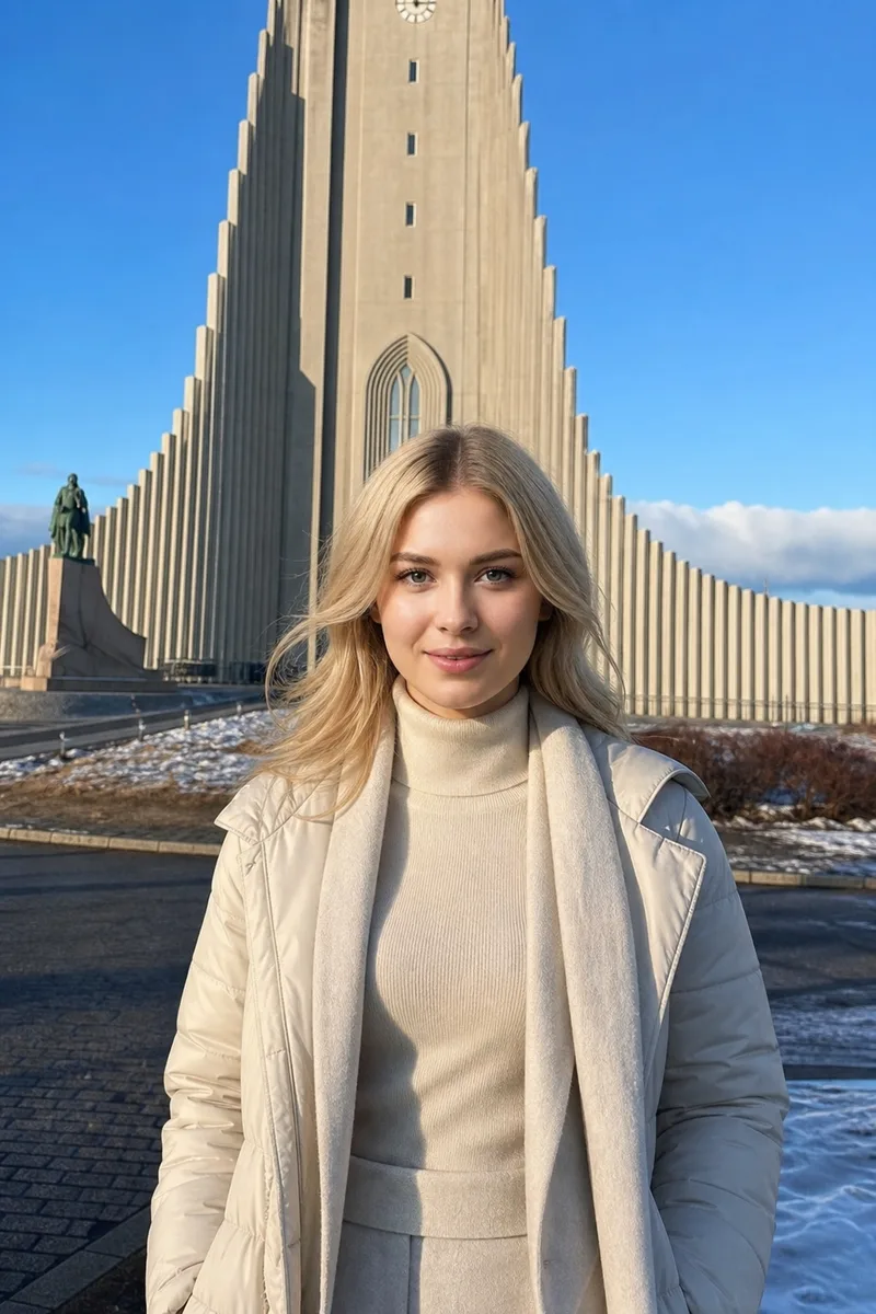 Портрет на фоне церкви Хадльгримскиркья в Рейкьявике по фото — пример обработки фото нейросетью
