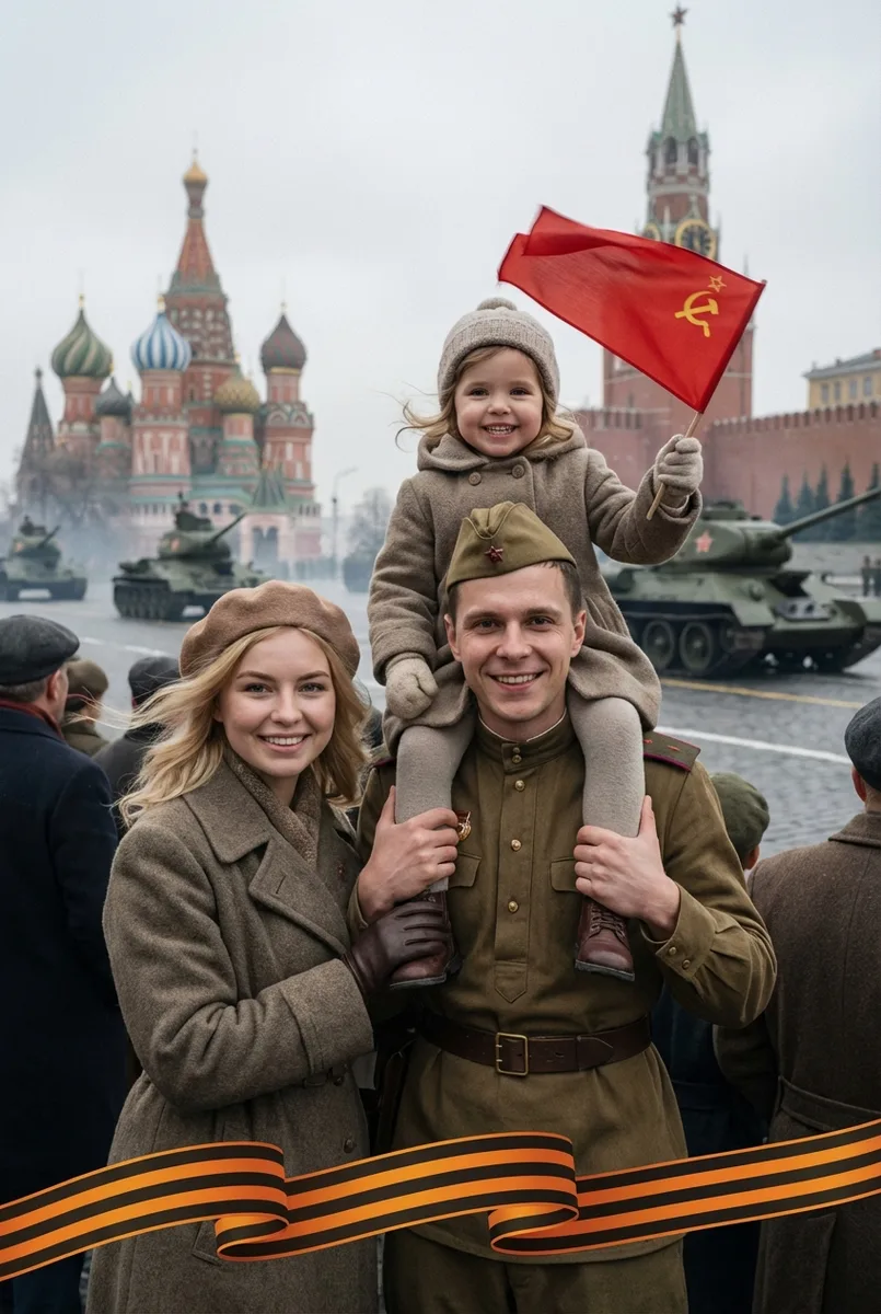 Семейное фото на параде Победы нейросетью — пример обработки фото нейросетью