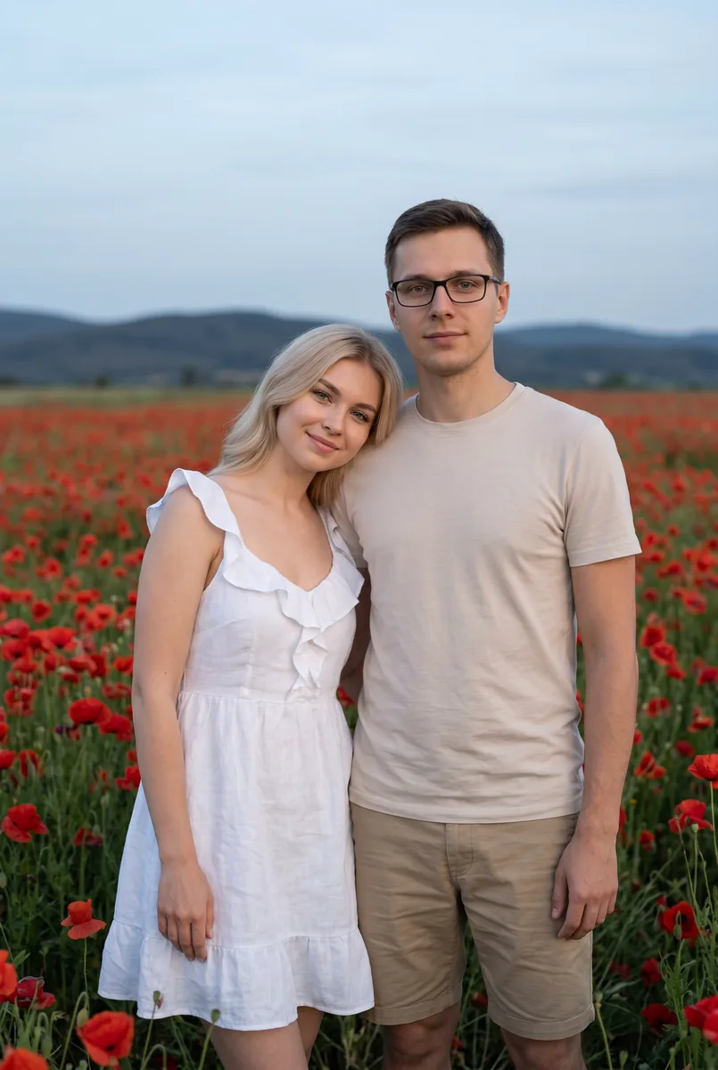 Влюблённая пара в маковом поле — пример обработки фото нейросетью
