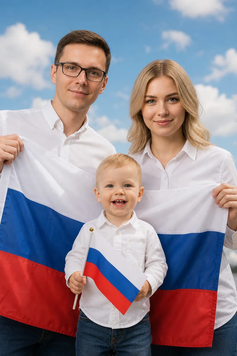 Семейное фото с флагом России по вашему снимку — пример обработки фото нейросетью
