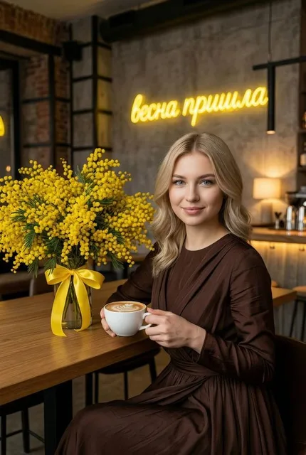 С букетом мимозы в ресторане в платье