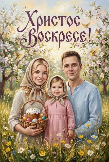Семейная открытка "Христос Воскресе"