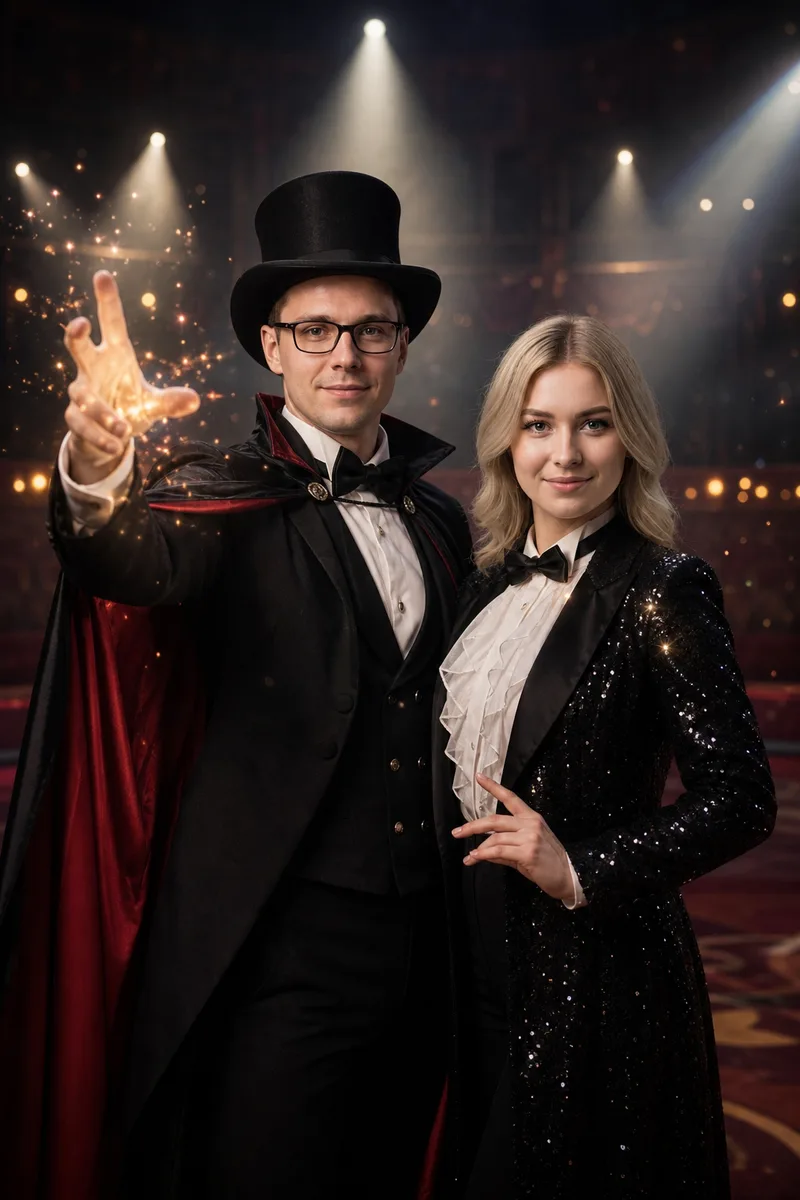 Парный портрет в образе иллюзионистов нейросетью — пример обработки фото нейросетью