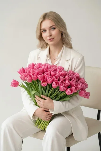 С букетом в деловом образе