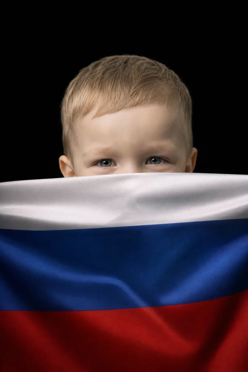 Портрет с флагом России перед лицом по вашему фото — пример обработки фото нейросетью