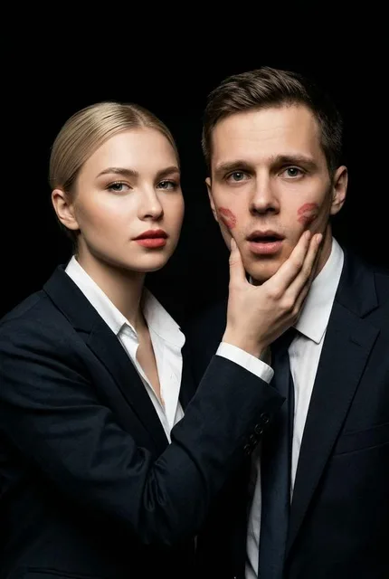 Парное фото в костюмах с поцелуем на щеке