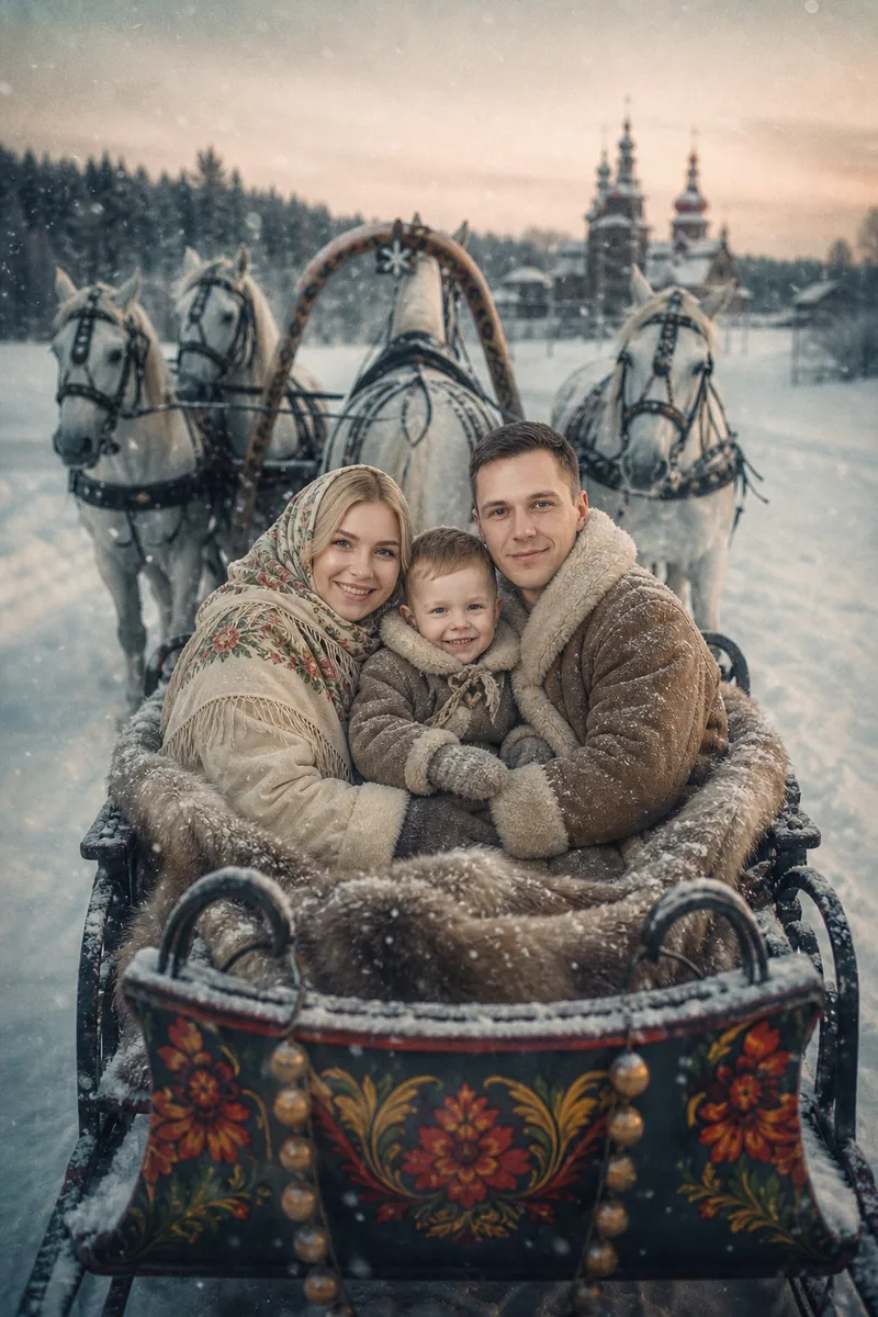Зимний кадр в санях на Новый год — пример обработки фото нейросетью