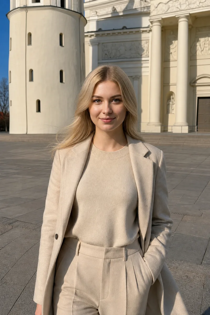 Портрет на фоне Кафедрального собора в Вильнюсе по фото — пример обработки фото нейросетью