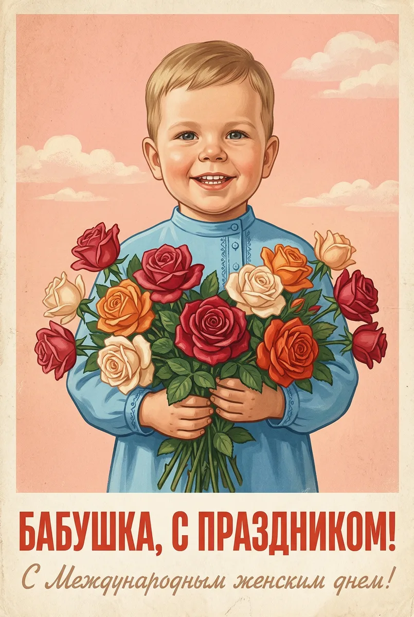 Открытка для бабушки на 8 Марта в советском стиле по фото — пример обработки фото нейросетью