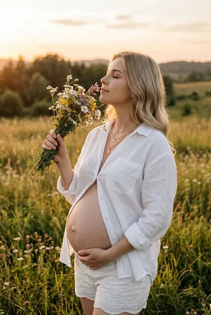 Нежная фотография беременной в цветущем поле
