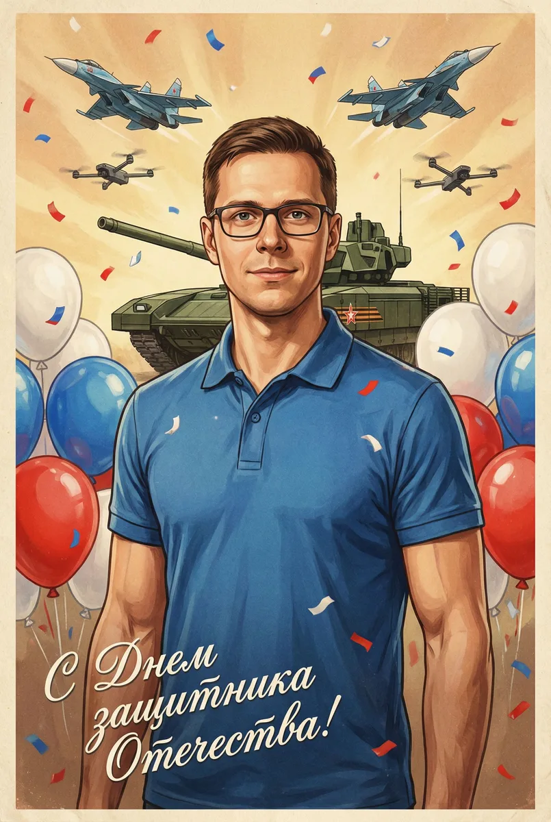 ИИ-обработка фото в открытку на 23 февраля — пример обработки фото нейросетью