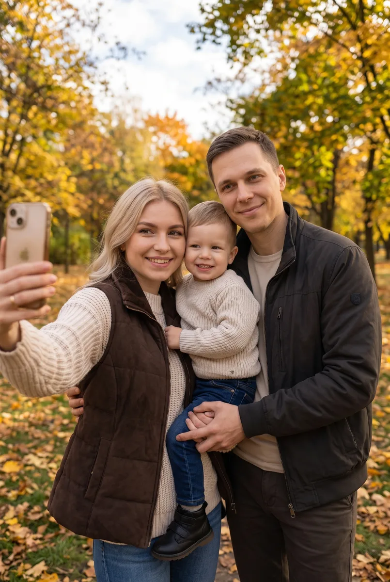 Осеннее семейное фото в парке по вашему снимку — пример обработки фото нейросетью