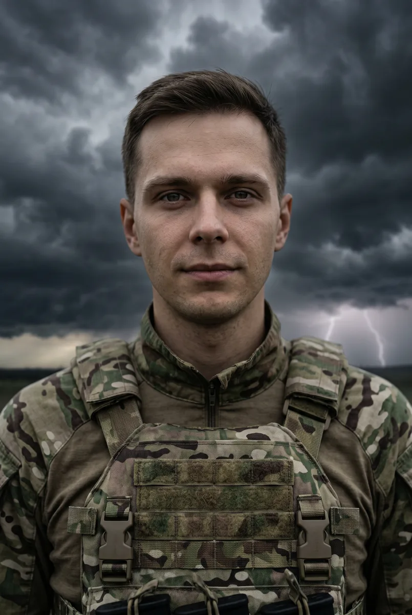 Портрет военного на фоне грозового неба по фото — пример обработки фото нейросетью