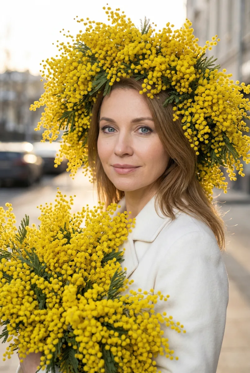 Уличная фотосессия в венке с мимозой — пример обработки фото нейросетью