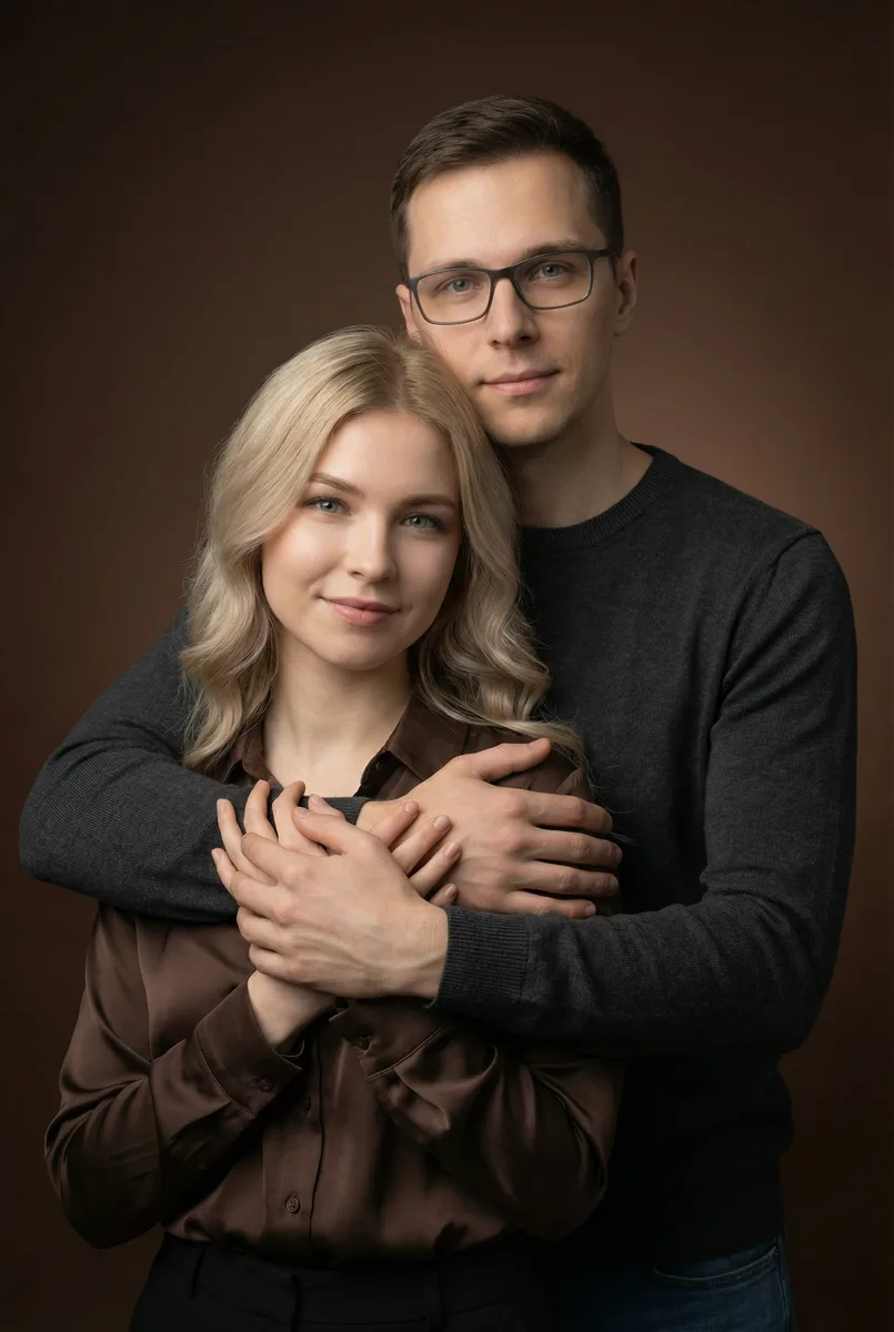 Парная студийная фотосессия — пример обработки фото нейросетью