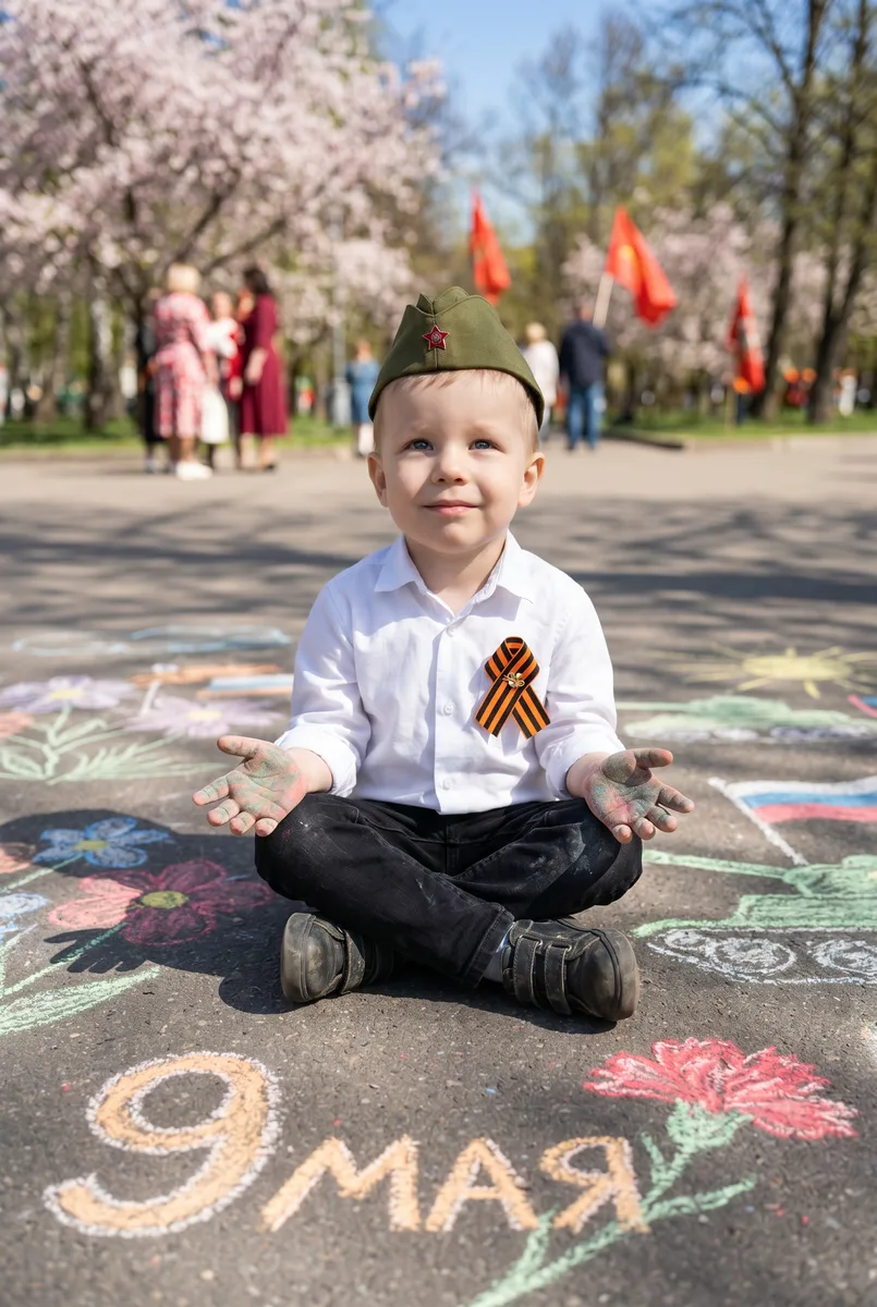 Портрет к 9 Мая с рисунком мелом на асфальте по фото — пример обработки фото нейросетью