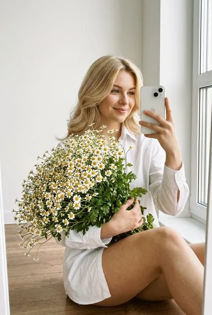 Селфи с букетом ромашек