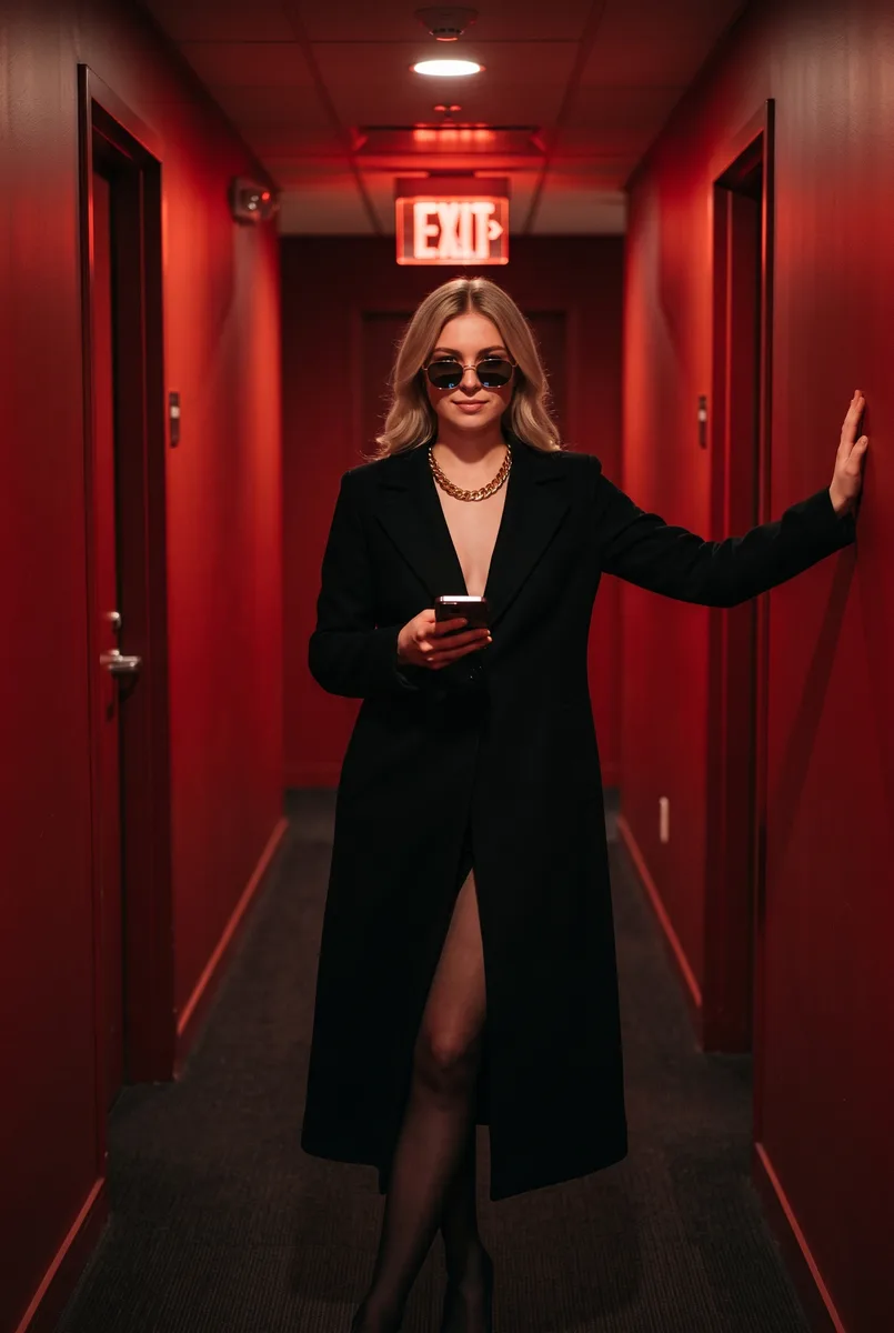 Гламурный nightlife-портрет с табличкой EXIT на Хэллоуин — пример обработки фото нейросетью