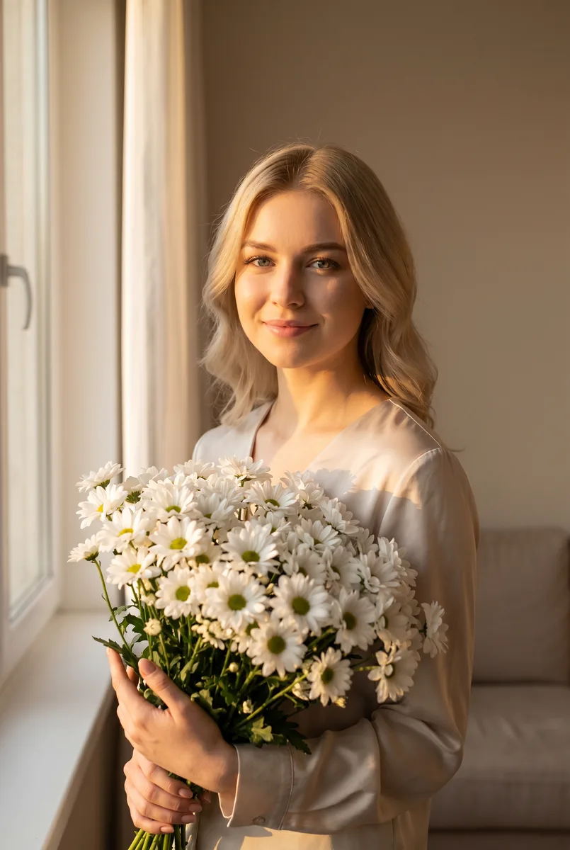 Нежный портрет с ромашками у окна — пример обработки фото нейросетью