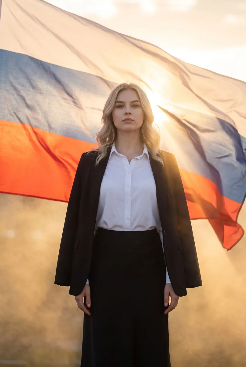 Портрет на фоне флага России на рассвете по фото — пример обработки фото нейросетью