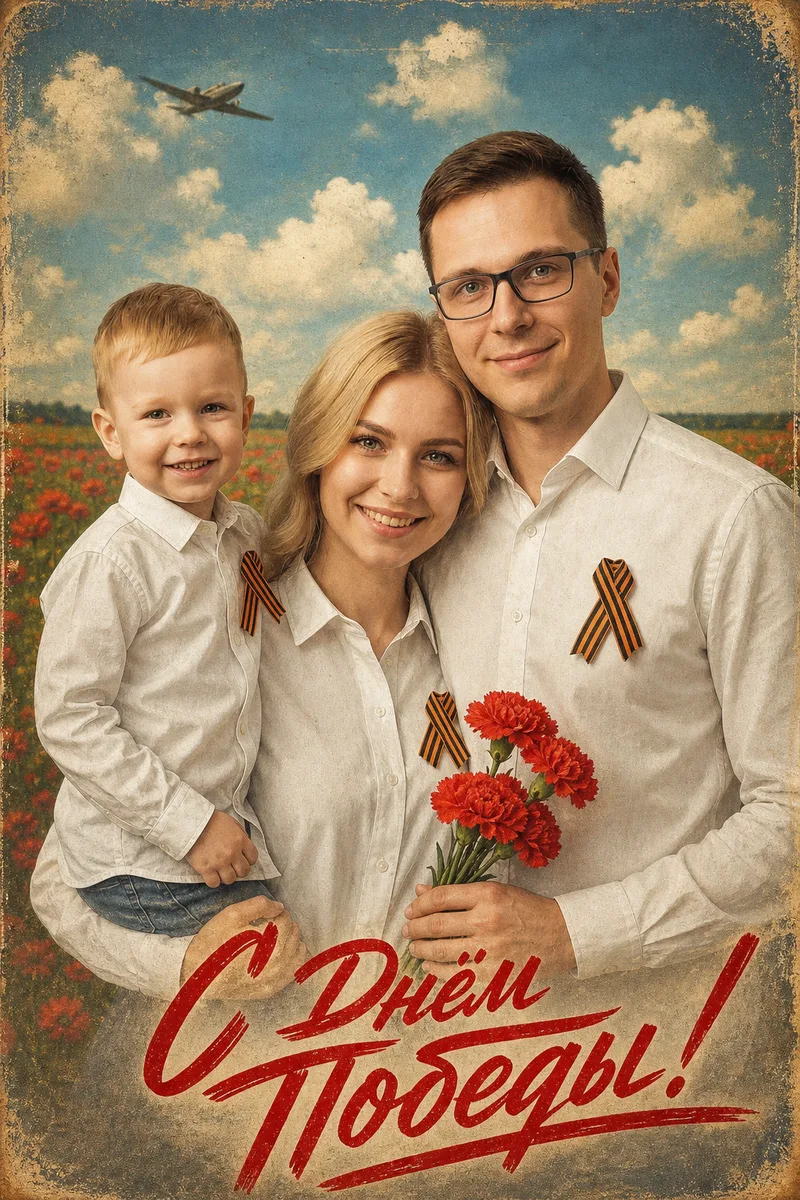 Семейная открытка на 9 Мая — пример обработки фото нейросетью