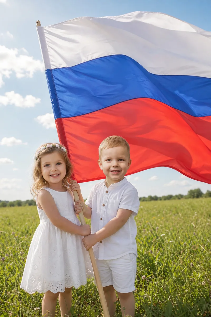 Детский портрет с флагом России по фото — пример обработки фото нейросетью