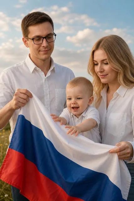 Семейный кадр на природе с флагом
