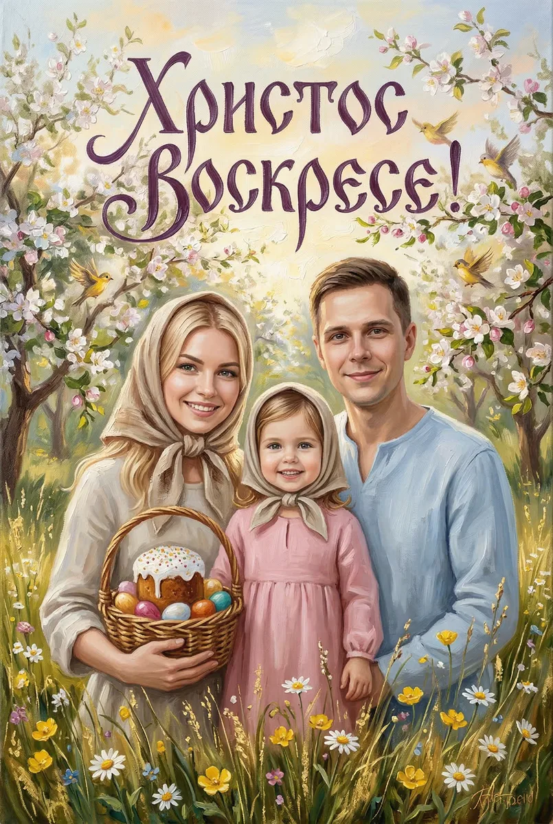 Семейная открытка "Христос Воскресе" — пример обработки фото нейросетью