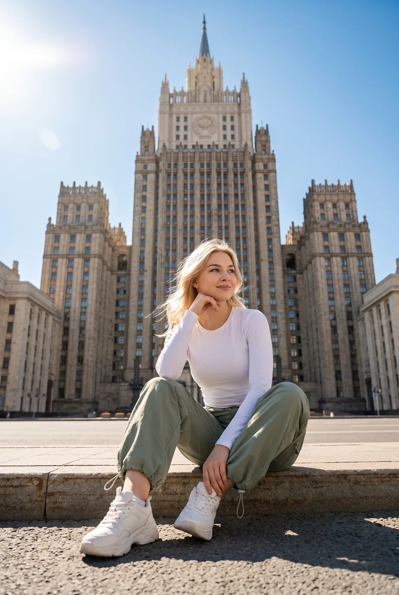 Портрет на фоне сталинской высотки по вашему фото — пример обработки фото нейросетью