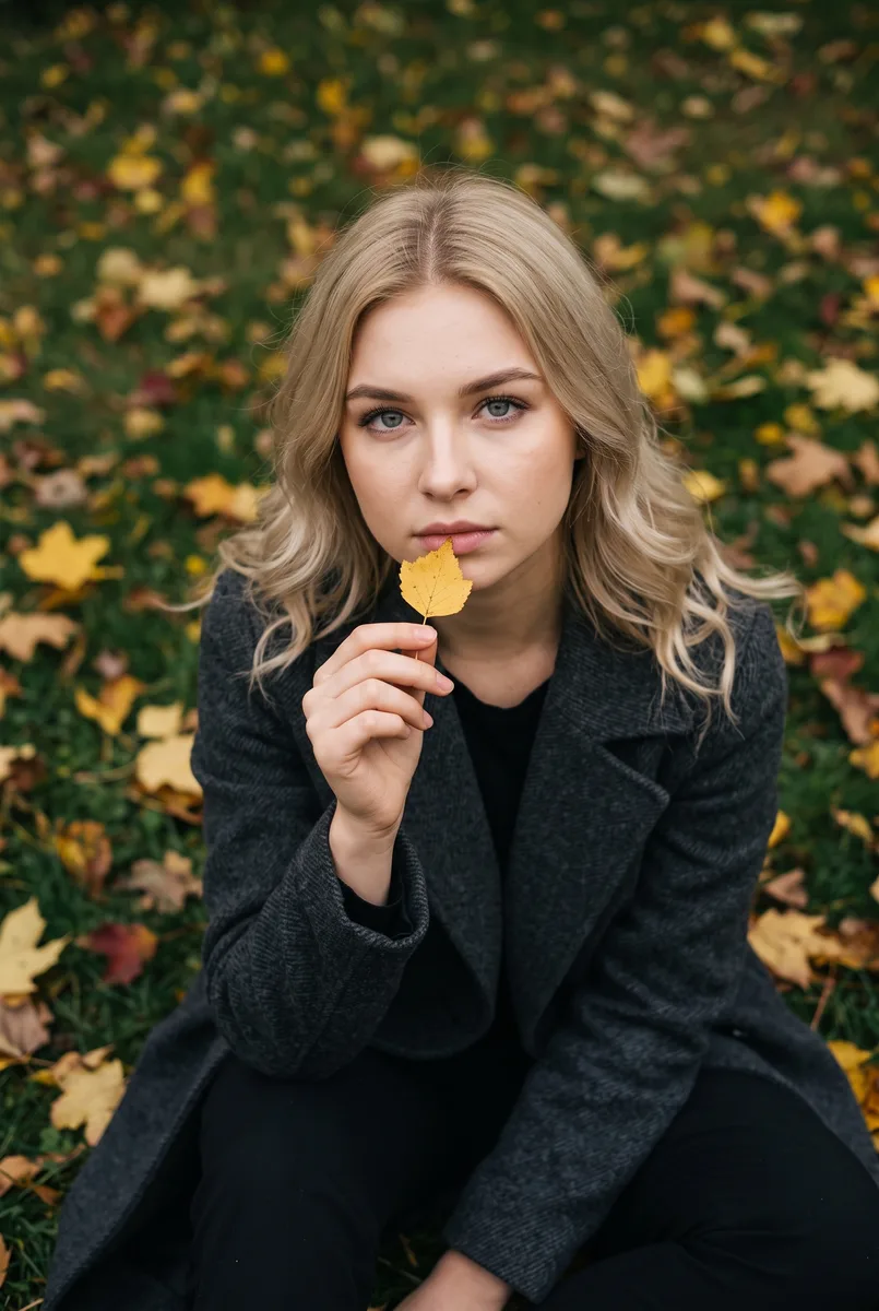 Портрет в стиле lifestyle с осенним листом по фото — пример обработки фото нейросетью