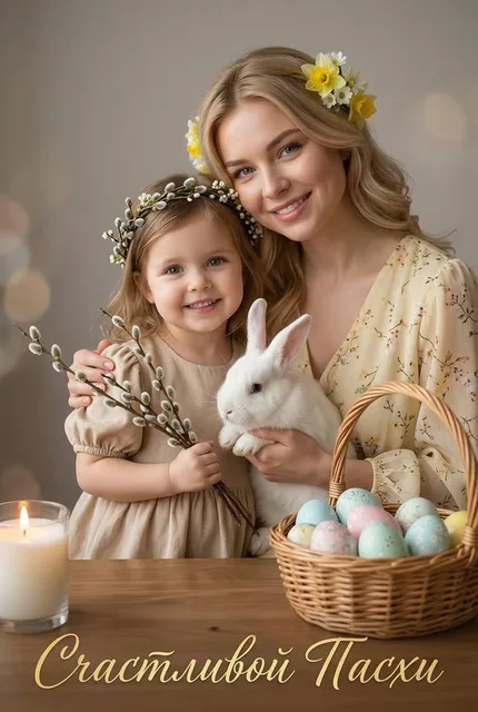 Семейная пасхальная открытка: мамы и ребёнка