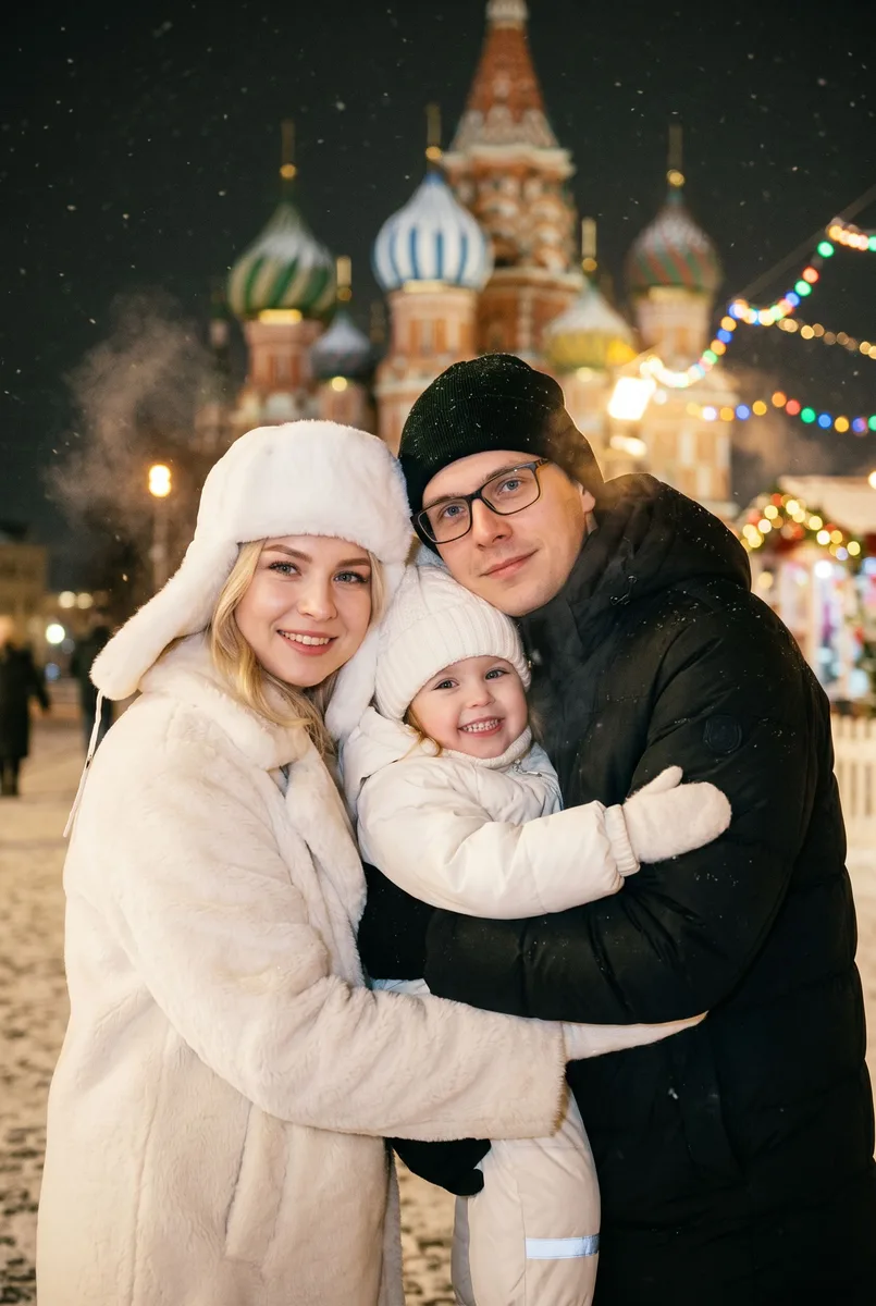 Семейное фото в новогодней Москве — пример обработки фото нейросетью