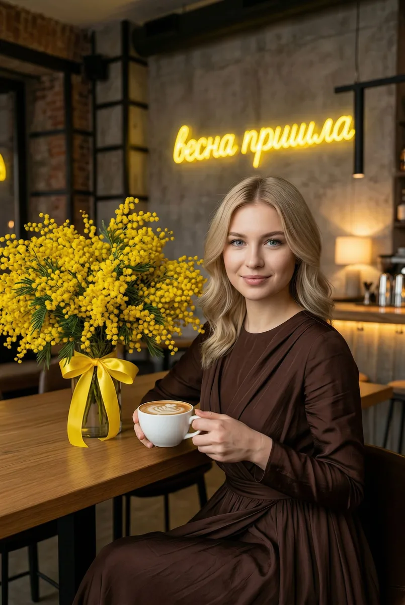 С букетом мимозы в ресторане в платье — пример обработки фото нейросетью