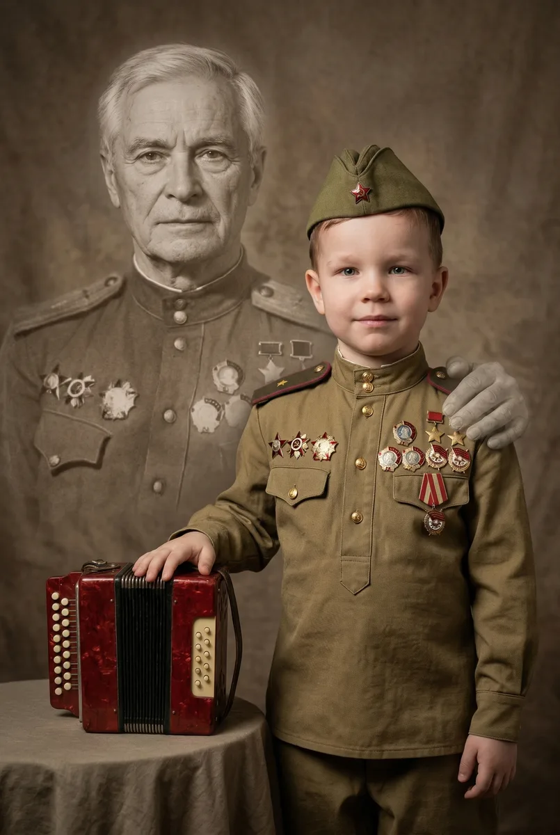 Портрет ребёнка с родственником  — пример обработки фото нейросетью
