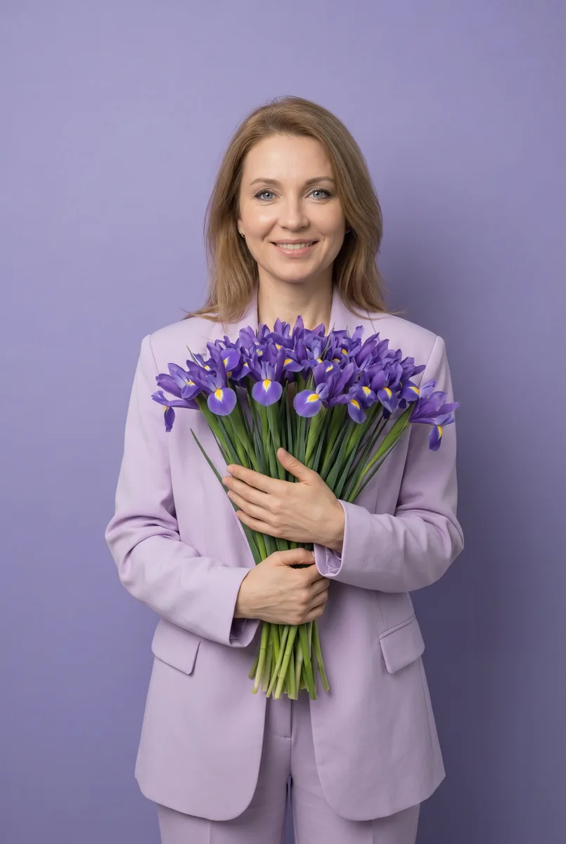 Портрет с ирисами на сиреневом фоне по вашему фото — пример обработки фото нейросетью