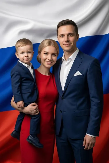 Семейный кадр на фоне флага