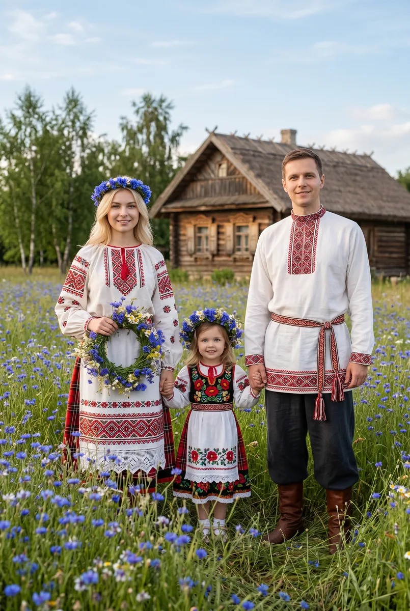 Семейный портрет в белорусском костюме по вашему фото — пример обработки фото нейросетью