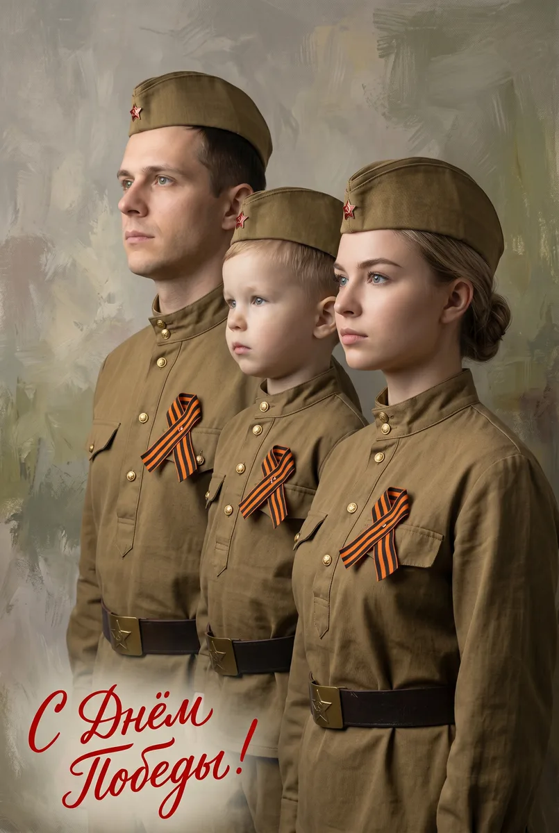 Семейная открытка на 9 Мая в военной форме по фото — пример обработки фото нейросетью