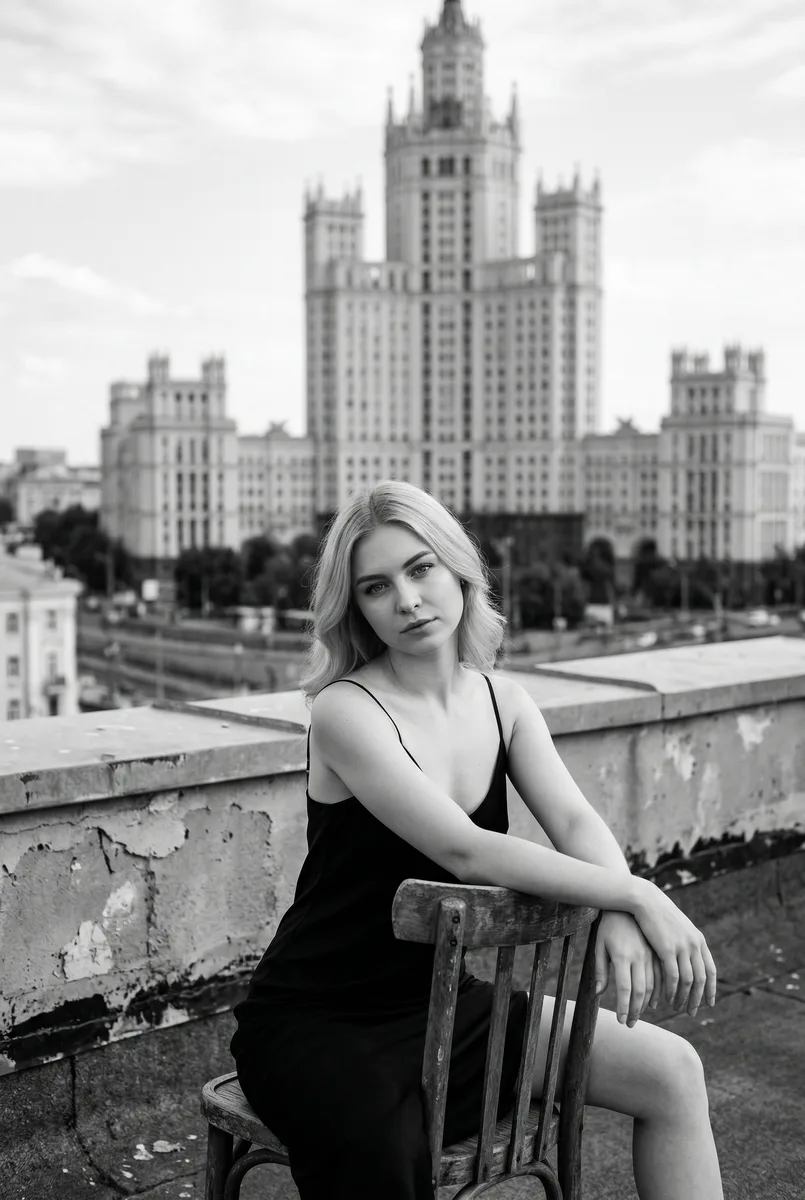 Чёрно-белый кинематографический портрет на фоне московских высоток — пример обработки фото нейросетью