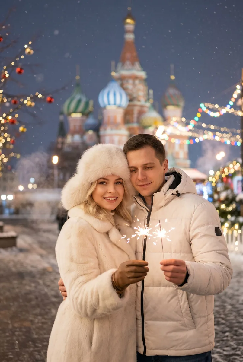 Волшебный портрет на фоне Красной площади на Новый год — пример обработки фото нейросетью