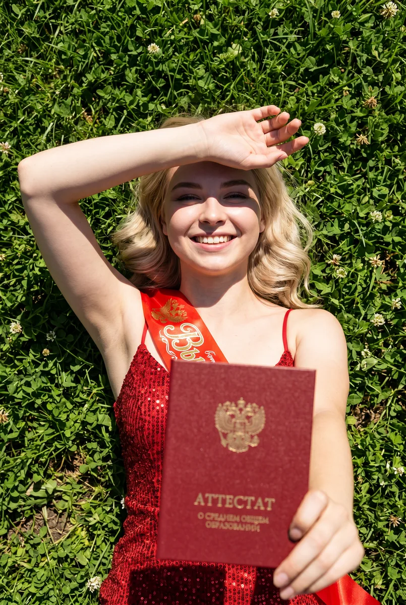 Фото выпускника с аттестатом на траве по вашему снимку — пример обработки фото нейросетью