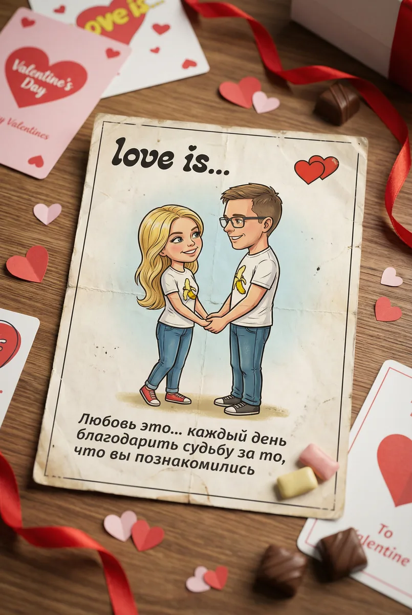 Создать ИИ-открытку в стиле "Love is..." по фотографии пары — пример обработки фото нейросетью