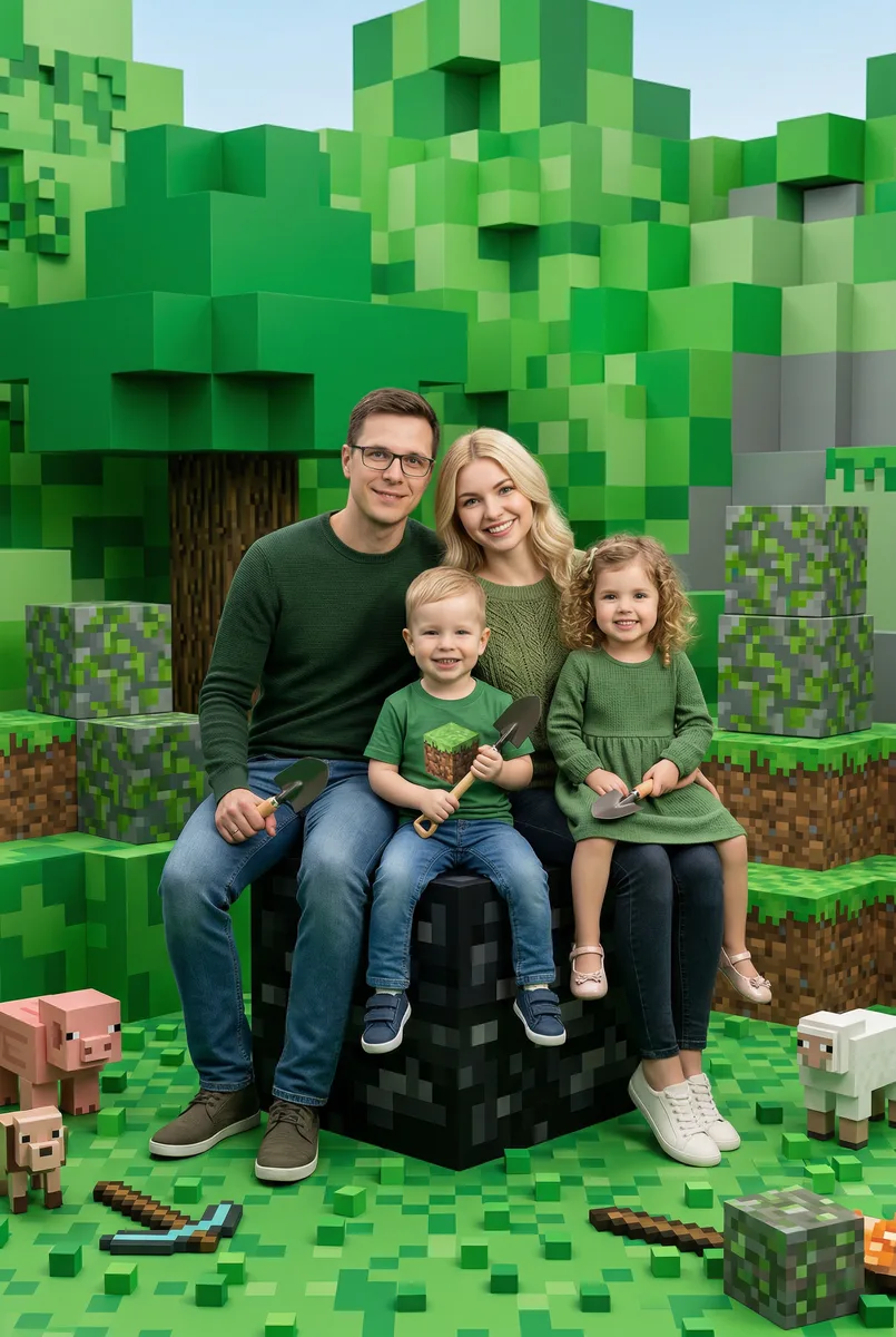 Семейная фотосессия среди зеленых пиксельных кубов нейросетью — пример обработки фото нейросетью