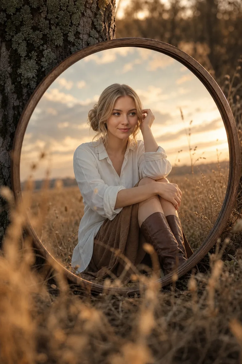 Фотосессия с зеркалом в поле нейросетью — пример обработки фото нейросетью