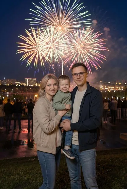 Семья на салюте в честь 9 Мая