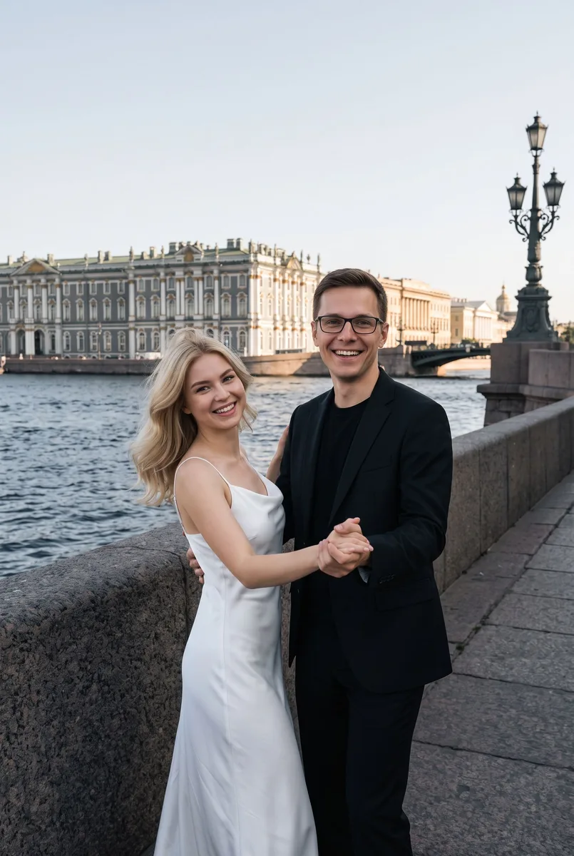 Парное фото на набережной Петербурга по вашему снимку — пример обработки фото нейросетью