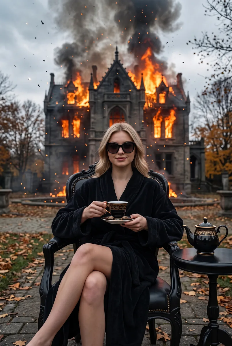 Образ «This is fine» на Хэллоуин: халат и пожар — пример обработки фото нейросетью
